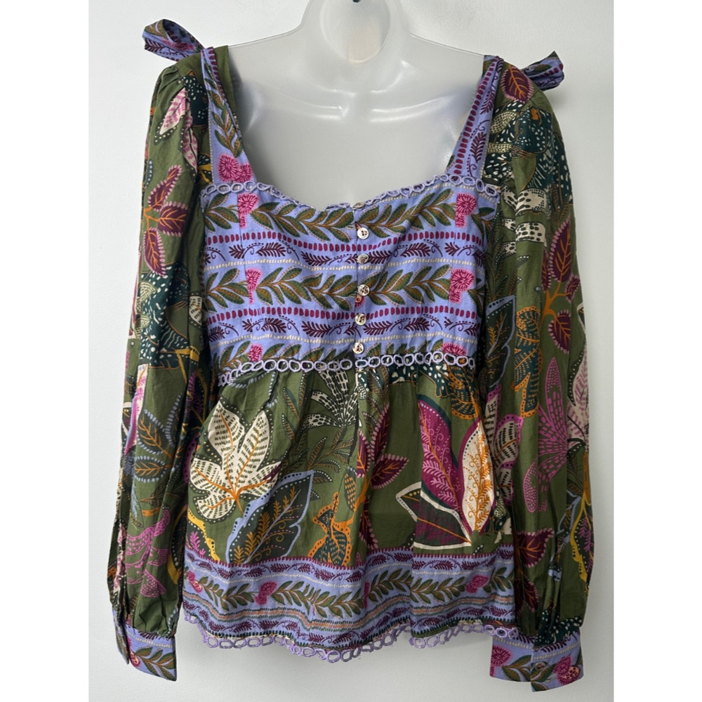 NEW Farm Rio S Top Tropical Multi Green Wild Jungle Blouse Long Puff $185 D56 - Picture 5 of 8